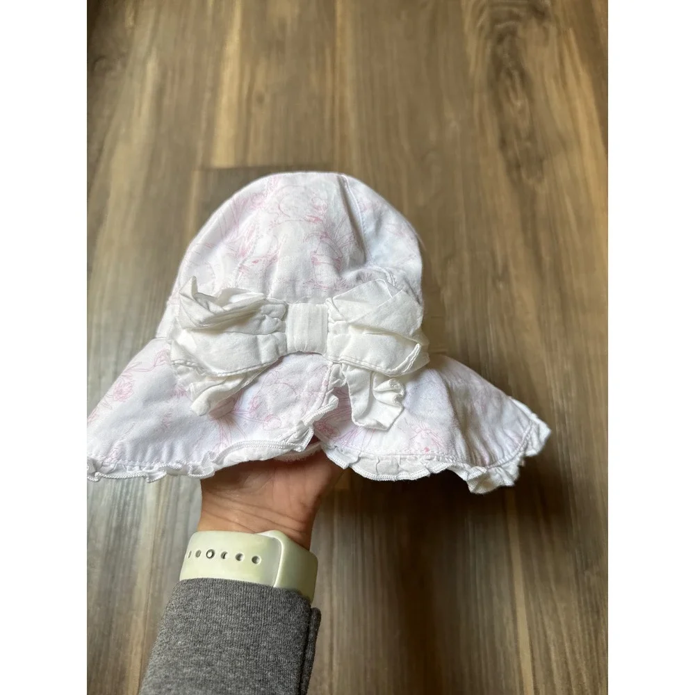 Janie & Jack Baby Bunny Toile Sun Hat White Pink Bow‎ 6-12 Months Easter Spring